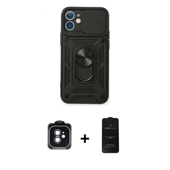 MARSİLYAN™- iPhone 11 Kılıf Ahenk Klasik - Siyah 6D Antistatik Mat Seramik Hayalet Nano Ekran Koruyucu + PVD Metal Kamera Lens - SH