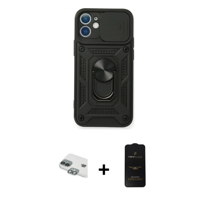 MARSİLYAN™- iPhone 11 Kılıf Ahenk Klasik - Siyah 6D Antistatik Mat Seramik Hayalet Nano Ekran Koruyucu + Pers Alüminyum Kamera Lens - YL