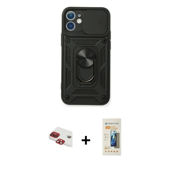 MARSİLYAN™- iPhone 11 Kılıf Ahenk Klasik - Siyah 6D Mat Seramik Hayalet Nano Ekran Koruyucu + Pers Alüminyum Kamera Lens - KI