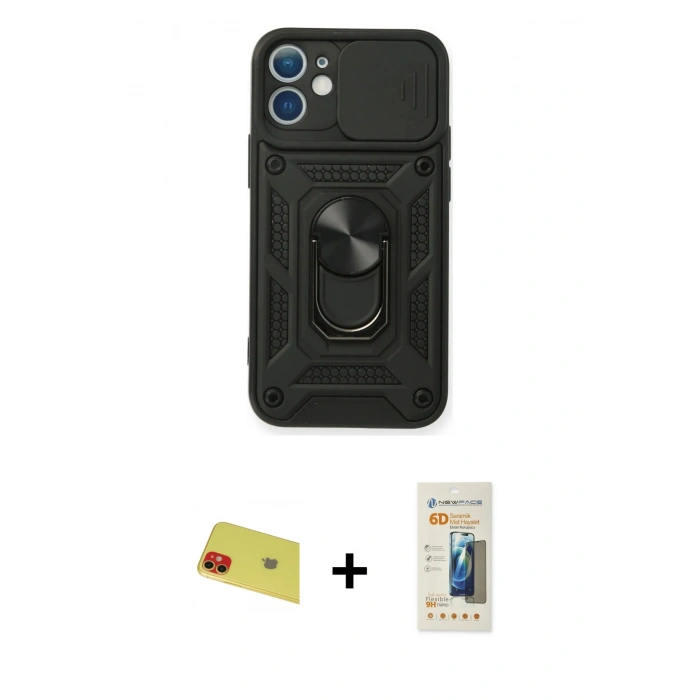 MARSİLYAN™- iPhone 11 Kılıf Ahenk Klasik - Siyah 6D Mat Seramik Hayalet Nano Ekran Koruyucu + Rainbow Kamera Lens Koruma Cam - KI