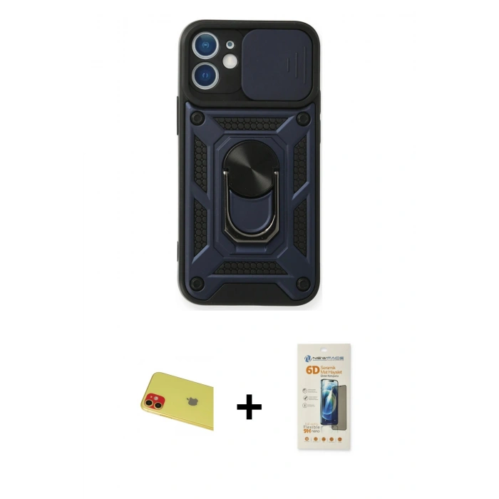 MARSİLYAN™- iPhone 11 Kılıf Ahenk Klasik - Siyah 6D Mat Seramik Hayalet Nano Ekran Koruyucu + Rainbow Kamera Lens Koruma Cam - KI