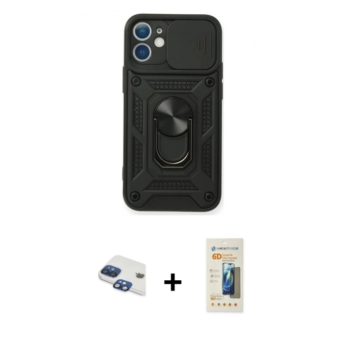 MARSİLYAN™- iPhone 11 Kılıf Ahenk Klasik - Siyah 6D Mat Seramik Hayalet Nano Ekran Koruyucu + Lacivert Pers Alüminyum Kamera Lens
