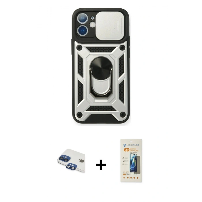 MARSİLYAN™- iPhone 11 Kılıf Ahenk Klasik - Siyah 6D Mat Seramik Hayalet Nano Ekran Koruyucu + Lacivert Pers Alüminyum Kamera Lens