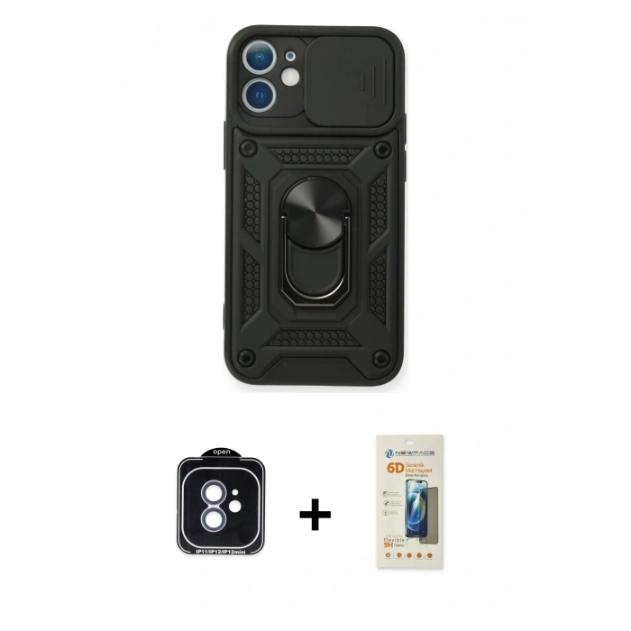 MARSİLYAN™- iPhone 11 Kılıf Ahenk Klasik - Siyah 6D Mat Seramik Hayalet Nano Ekran Koruyucu + PVD Metal Kamera Lens - MI