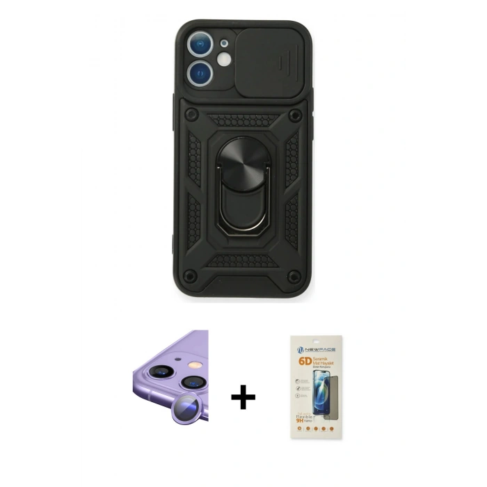 MARSİLYAN™- iPhone 11 Kılıf Ahenk Klasik - Siyah 6D Mat Seramik Hayalet Nano Ekran Koruyucu + Raze Metal Kamera Lens - MR