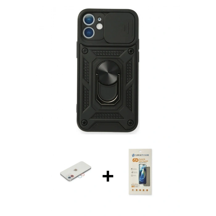 MARSİLYAN™- iPhone 11 Kılıf Ahenk Klasik - Siyah 6D Mat Seramik Hayalet Nano Ekran Koruyucu + Renkli Kamera Lens Koruma Cam - PE