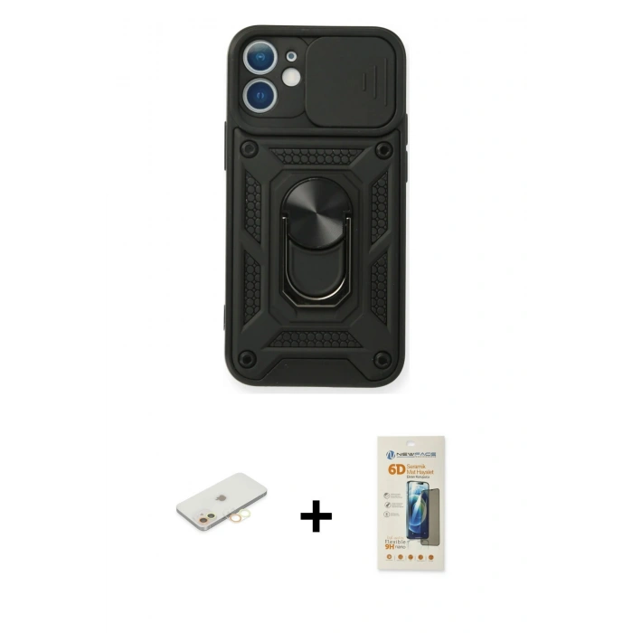 MARSİLYAN™- iPhone 11 Kılıf Ahenk Klasik - Siyah 6D Mat Seramik Hayalet Nano Ekran Koruyucu + Renkli Kamera Lens Koruma Cam - SI