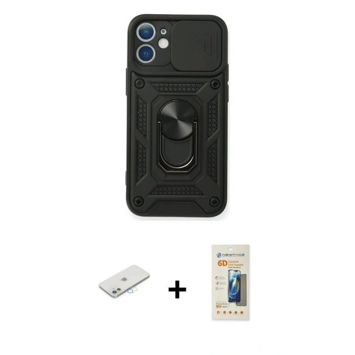 MARSİLYAN™- iPhone 11 Kılıf Ahenk Klasik - Siyah 6D Mat Seramik Hayalet Nano Ekran Koruyucu + Renkli Kamera Lens Koruma Cam - SI