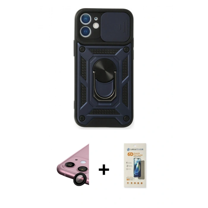 MARSİLYAN™- iPhone 11 Kılıf Ahenk Klasik - Siyah 6D Mat Seramik Hayalet Nano Ekran Koruyucu + Raze Metal Kamera Lens - SH