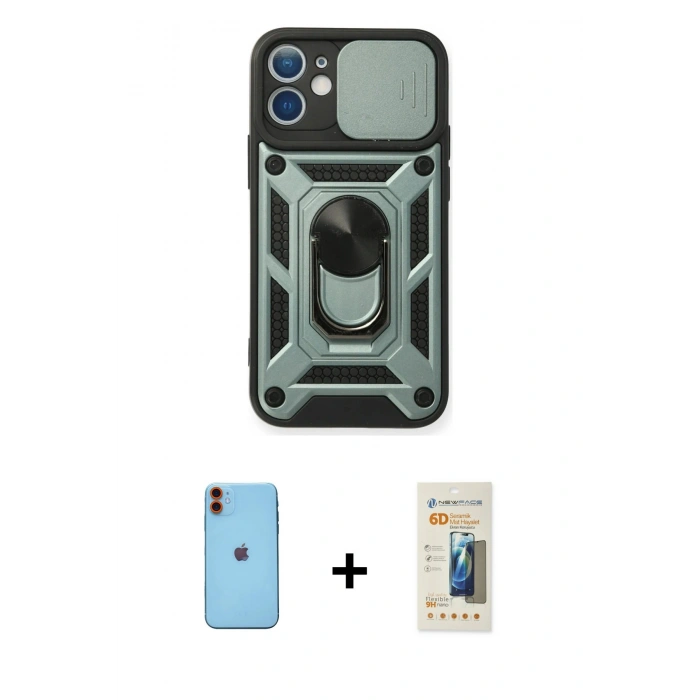 MARSİLYAN™- iPhone 11 Kılıf Ahenk Klasik - Siyah 6D Mat Seramik Hayalet Nano Ekran Koruyucu + Neon Fosforlu Kamera Lens - TU