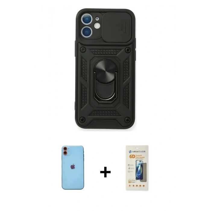 MARSİLYAN™- iPhone 11 Kılıf Ahenk Klasik - Siyah 6D Mat Seramik Hayalet Nano Ekran Koruyucu + Neon Fosforlu Kamera Lens - TU
