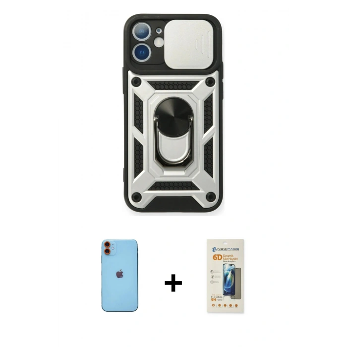 MARSİLYAN™- iPhone 11 Kılıf Ahenk Klasik - Siyah 6D Mat Seramik Hayalet Nano Ekran Koruyucu + Neon Fosforlu Kamera Lens - TU