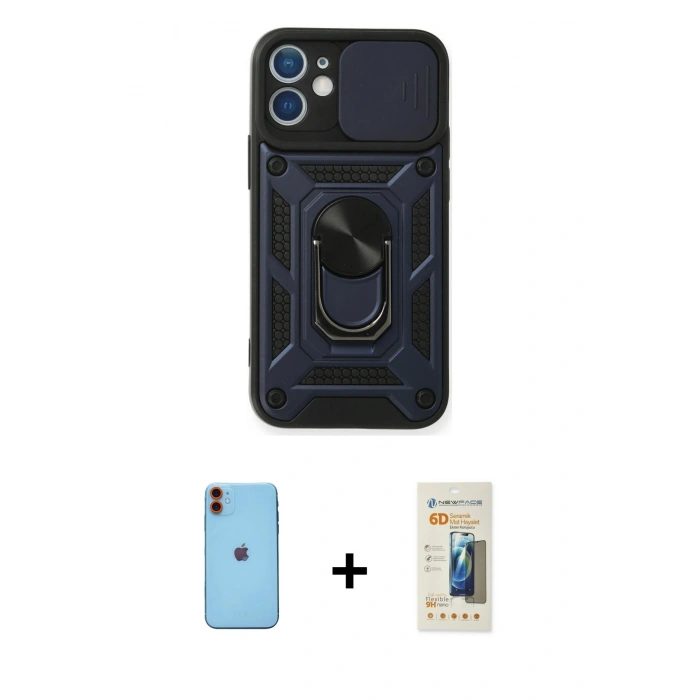 MARSİLYAN™- iPhone 11 Kılıf Ahenk Klasik - Siyah 6D Mat Seramik Hayalet Nano Ekran Koruyucu + Neon Fosforlu Kamera Lens - TU