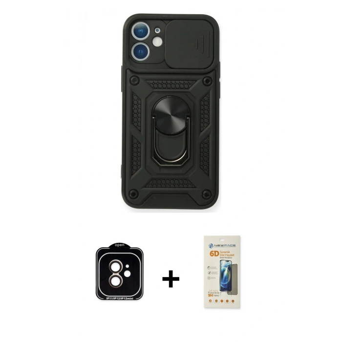 MARSİLYAN™- iPhone 11 Kılıf Ahenk Klasik - Siyah 6D Mat Seramik Hayalet Nano Ekran Koruyucu + PVD Metal Kamera Lens - TU