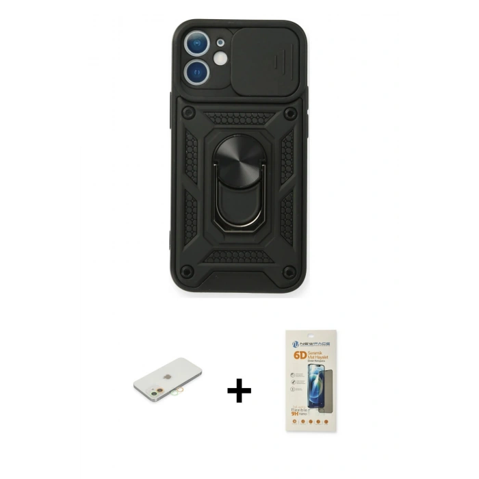 MARSİLYAN™- iPhone 11 Kılıf Ahenk Klasik - Siyah 6D Mat Seramik Hayalet Nano Ekran Koruyucu + Renkli Kamera Lens Koruma Cam - TU