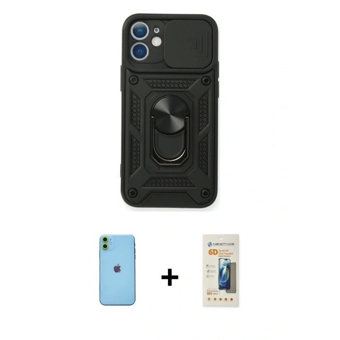 MARSİLYAN™- iPhone 11 Kılıf Ahenk Klasik - Siyah 6D Mat Seramik Hayalet Nano Ekran Koruyucu + Neon Fosforlu Kamera Lens - YL