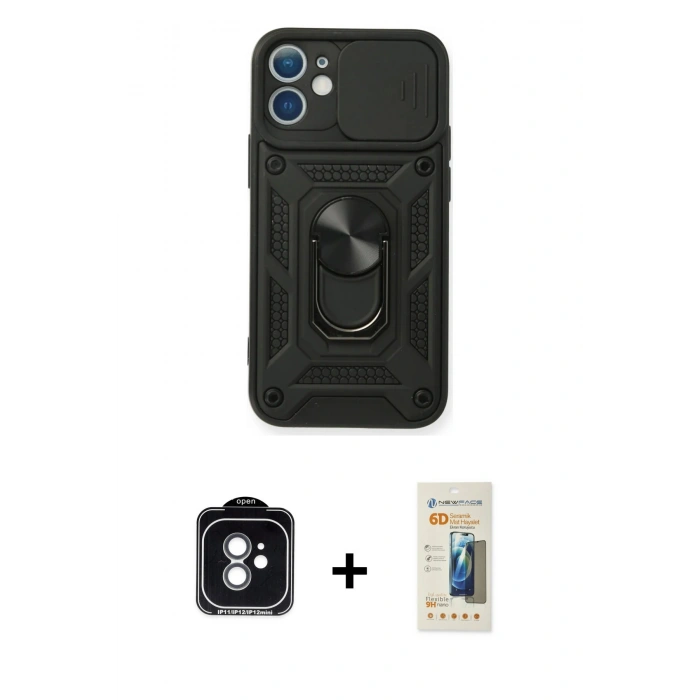 MARSİLYAN™- iPhone 11 Kılıf Ahenk Klasik - Siyah 6D Mat Seramik Hayalet Nano Ekran Koruyucu + PVD Metal Kamera Lens - YL