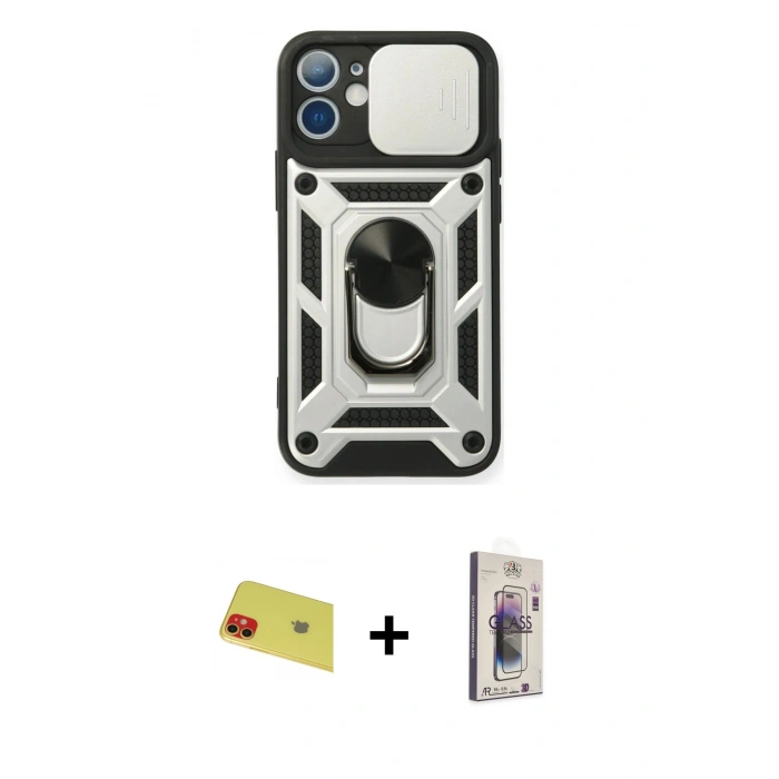 MARSİLYAN™- iPhone 11 Kılıf Ahenk Klasik - Siyah Bilvis 3D Cam Ekran Koruyucu + Kırmızı Rainbow Kamera Lens Koruma Cam