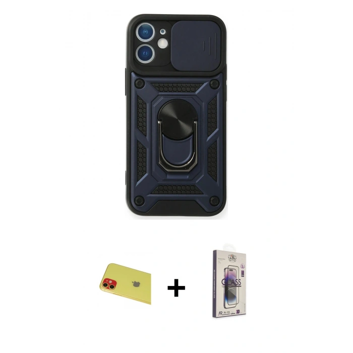 MARSİLYAN™- iPhone 11 Kılıf Ahenk Klasik - Siyah Bilvis 3D Cam Ekran Koruyucu + Kırmızı Rainbow Kamera Lens Koruma Cam