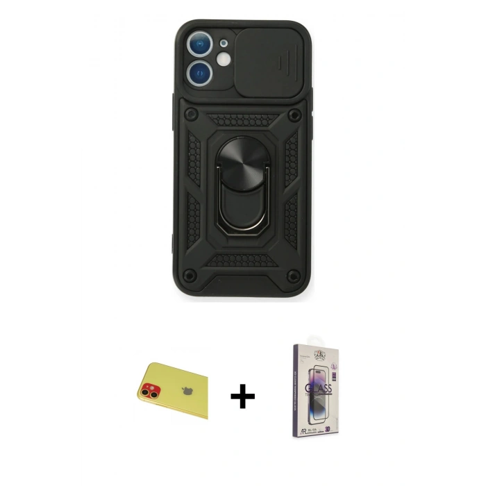 MARSİLYAN™- iPhone 11 Kılıf Ahenk Klasik - Siyah Bilvis 3D Cam Ekran Koruyucu + Kırmızı Rainbow Kamera Lens Koruma Cam