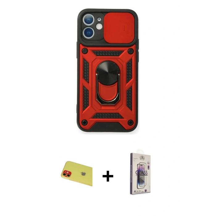 MARSİLYAN™- iPhone 11 Kılıf Ahenk Klasik - Siyah Bilvis 3D Cam Ekran Koruyucu + Kırmızı Rainbow Kamera Lens Koruma Cam