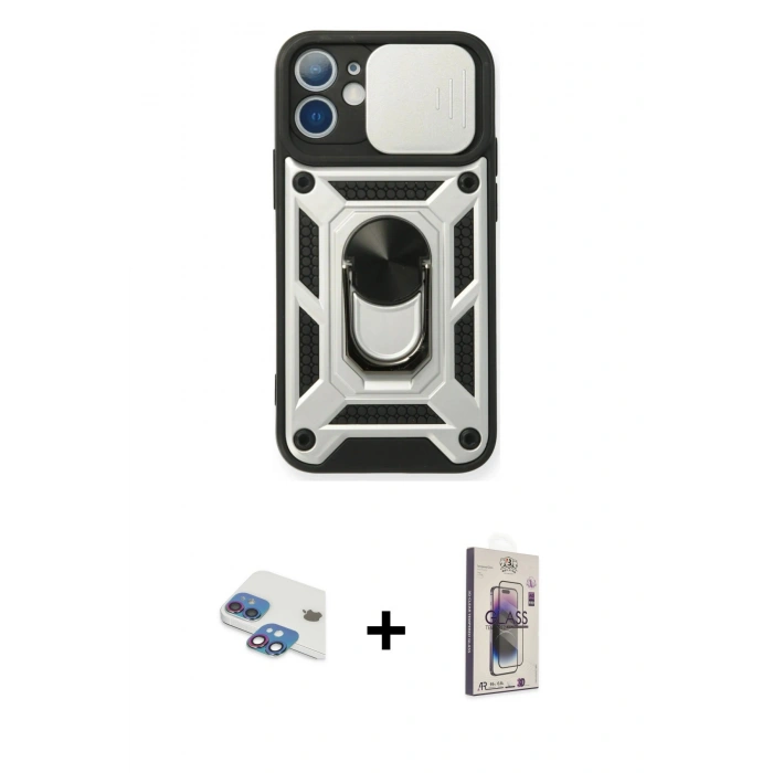 MARSİLYAN™- iPhone 11 Kılıf Ahenk Klasik - Siyah Bilvis 3D Cam Ekran Koruyucu + Pers Alüminyum Kamera Lens - GI