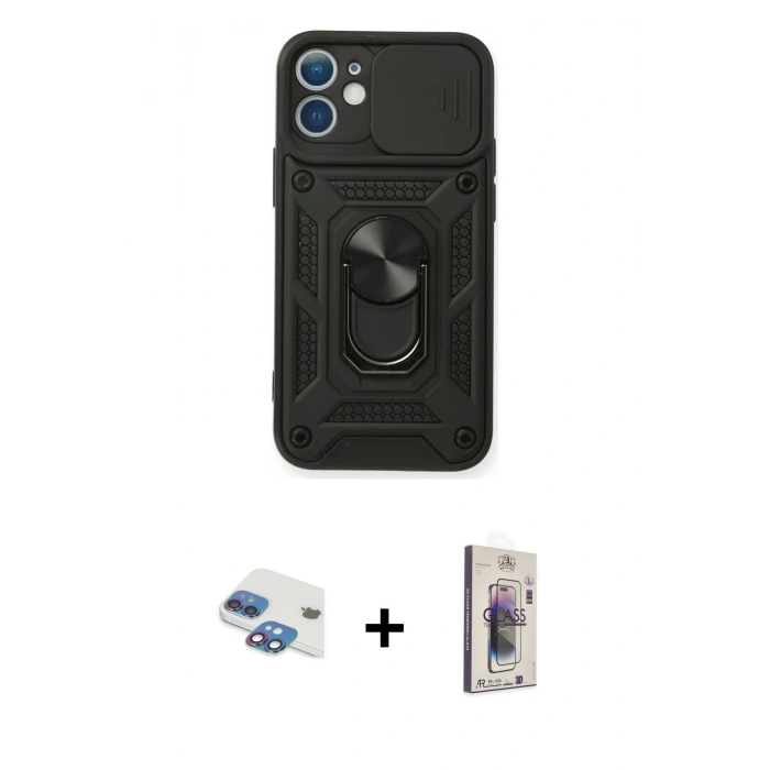 MARSİLYAN™- iPhone 11 Kılıf Ahenk Klasik - Siyah Bilvis 3D Cam Ekran Koruyucu + Pers Alüminyum Kamera Lens - GI