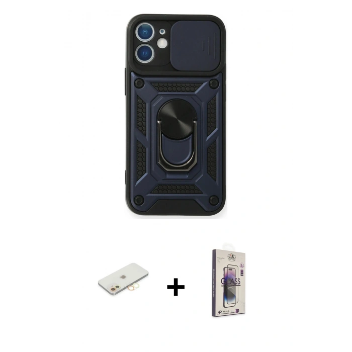 MARSİLYAN™- iPhone 11 Kılıf Ahenk Klasik - Siyah Bilvis 3D Cam Ekran Koruyucu + Renkli Kamera Lens Koruma Cam - SI