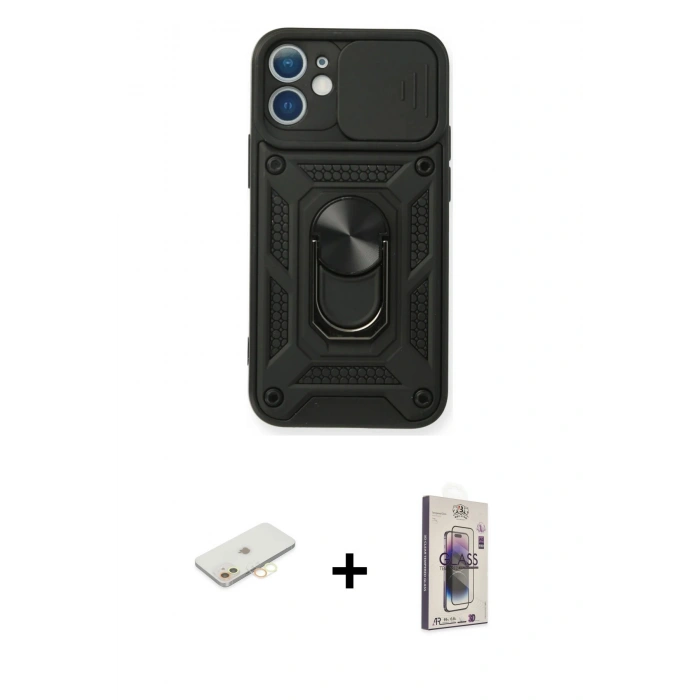 MARSİLYAN™- iPhone 11 Kılıf Ahenk Klasik - Siyah Bilvis 3D Cam Ekran Koruyucu + Renkli Kamera Lens Koruma Cam - SI