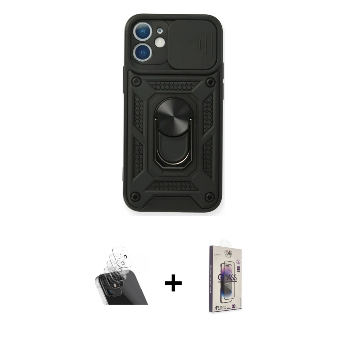 MARSİLYAN™- iPhone 11 Kılıf Ahenk Klasik - Siyah Bilvis 3D Cam Ekran Koruyucu + Kamera Lens Koruma Cam - SF