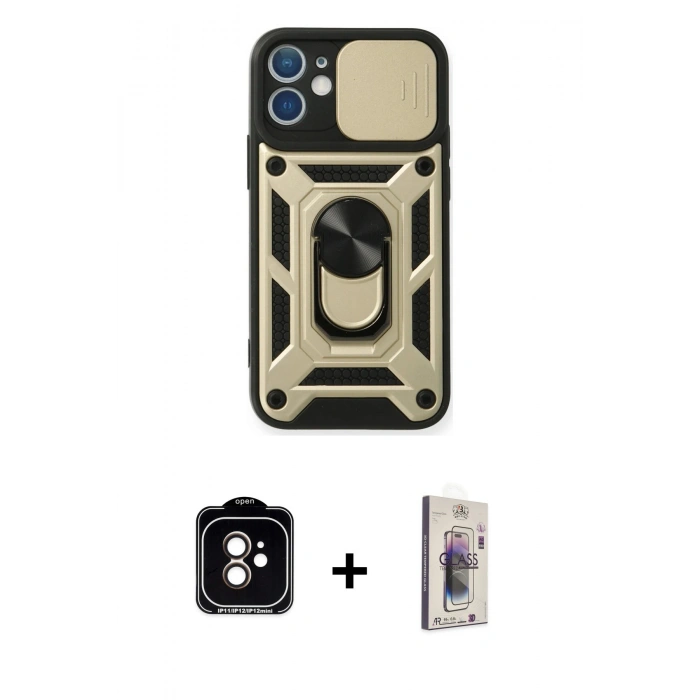 MARSİLYAN™- iPhone 11 Kılıf Ahenk Klasik - Siyah Bilvis 3D Cam Ekran Koruyucu + PVD Metal Kamera Lens - TU