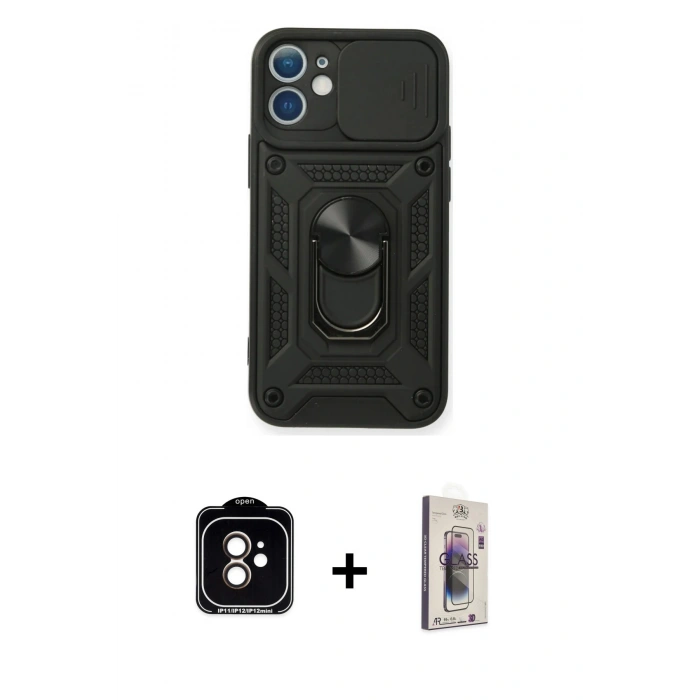 MARSİLYAN™- iPhone 11 Kılıf Ahenk Klasik - Siyah Bilvis 3D Cam Ekran Koruyucu + PVD Metal Kamera Lens - TU