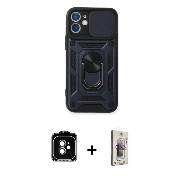 MARSİLYAN™- iPhone 11 Kılıf Ahenk Klasik - Siyah Bilvis 3D Cam Ekran Koruyucu + PVD Metal Kamera Lens - TU