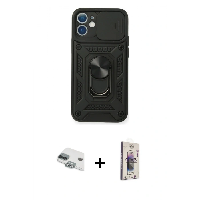 MARSİLYAN™- iPhone 11 Kılıf Ahenk Klasik - Siyah Bilvis 3D Cam Ekran Koruyucu + Pers Alüminyum Kamera Lens - YL