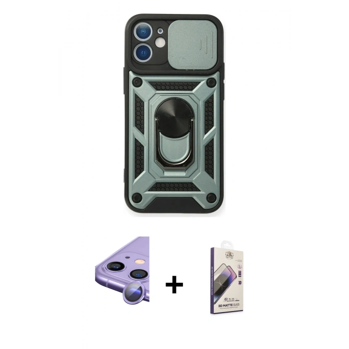 MARSİLYAN™- iPhone 11 Kılıf Ahenk Klasik - Siyah Bilvis 3D Mat Cam Ekran Koruyucu + Raze Metal Kamera Lens - MR