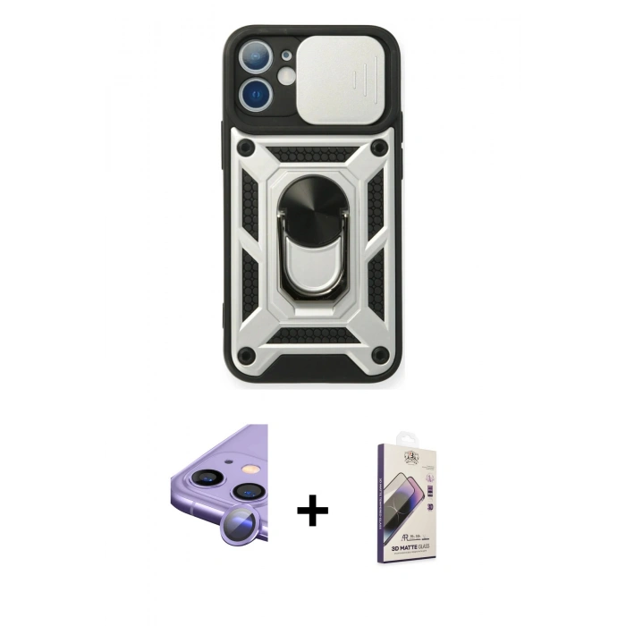 MARSİLYAN™- iPhone 11 Kılıf Ahenk Klasik - Siyah Bilvis 3D Mat Cam Ekran Koruyucu + Raze Metal Kamera Lens - MR