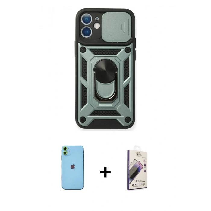 MARSİLYAN™- iPhone 11 Kılıf Ahenk Klasik - Siyah Bilvis 3D Mat Cam Ekran Koruyucu + Neon Fosforlu Kamera Lens - YL