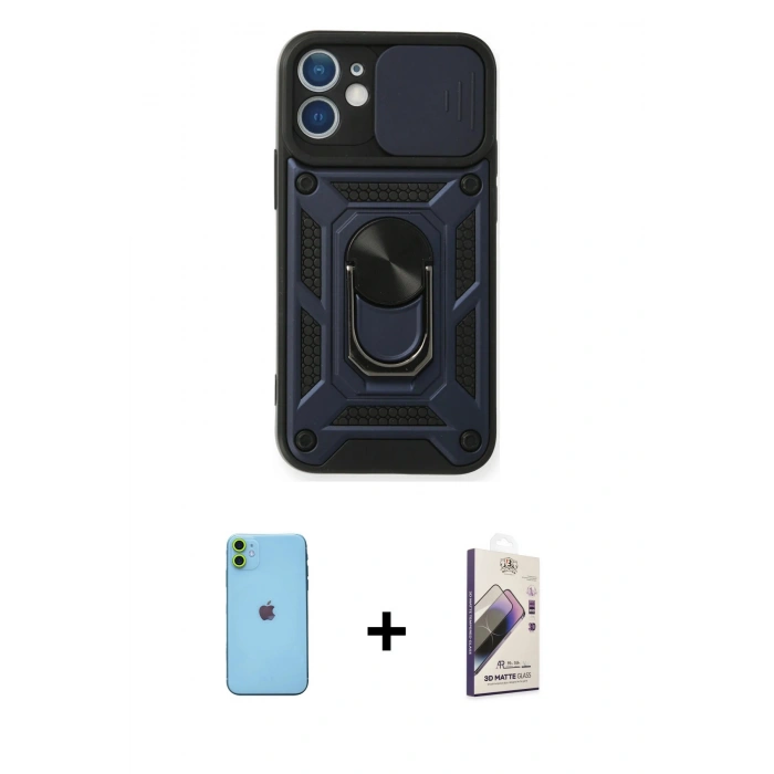 MARSİLYAN™- iPhone 11 Kılıf Ahenk Klasik - Siyah Bilvis 3D Mat Cam Ekran Koruyucu + Neon Fosforlu Kamera Lens - YL