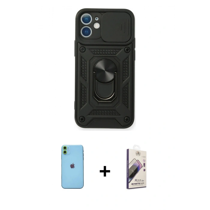 MARSİLYAN™- iPhone 11 Kılıf Ahenk Klasik - Siyah Bilvis 3D Mat Cam Ekran Koruyucu + Neon Fosforlu Kamera Lens - YL