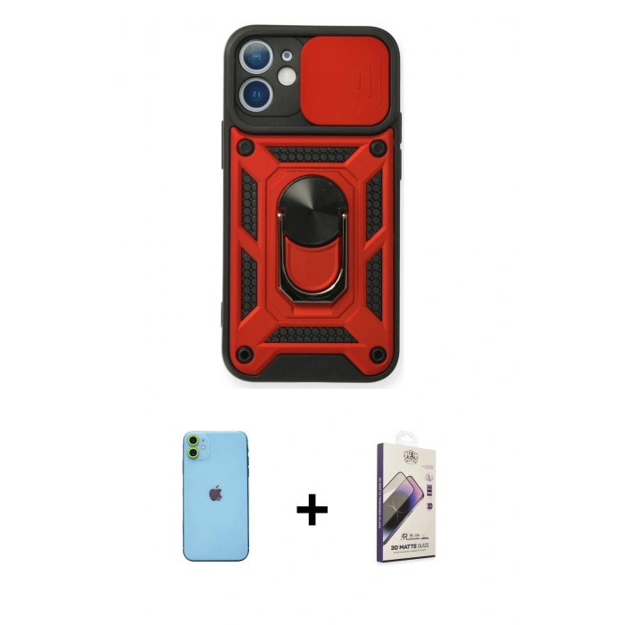 MARSİLYAN™- iPhone 11 Kılıf Ahenk Klasik - Siyah Bilvis 3D Mat Cam Ekran Koruyucu + Neon Fosforlu Kamera Lens - YL