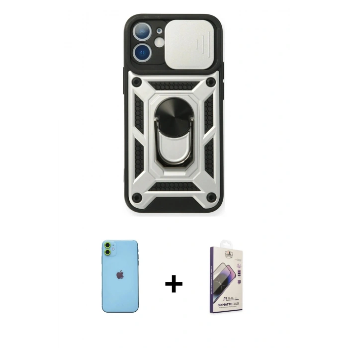MARSİLYAN™- iPhone 11 Kılıf Ahenk Klasik - Siyah Bilvis 3D Mat Cam Ekran Koruyucu + Neon Fosforlu Kamera Lens - YL