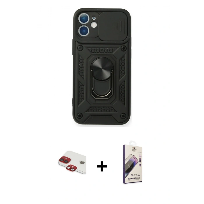 MARSİLYAN™- iPhone 11 Kılıf Ahenk Klasik - Siyah Bilvis 3D Mat Cam Ekran Koruyucu + Pers Alüminyum Kamera Lens - KI