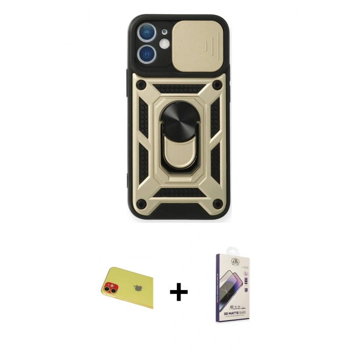 MARSİLYAN™- iPhone 11 Kılıf Ahenk Klasik - Siyah Bilvis 3D Mat Cam Ekran Koruyucu + Rainbow Kamera Lens Koruma Cam - KI