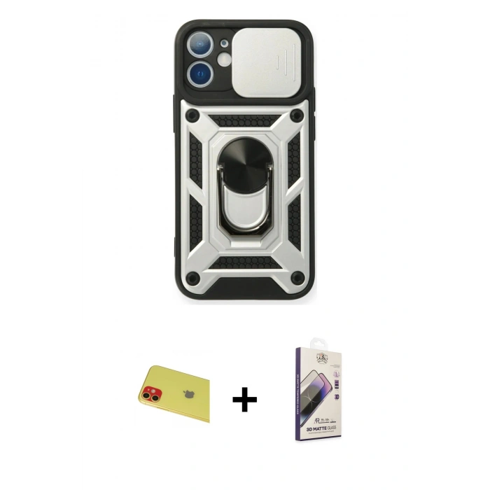 MARSİLYAN™- iPhone 11 Kılıf Ahenk Klasik - Siyah Bilvis 3D Mat Cam Ekran Koruyucu + Rainbow Kamera Lens Koruma Cam - KI