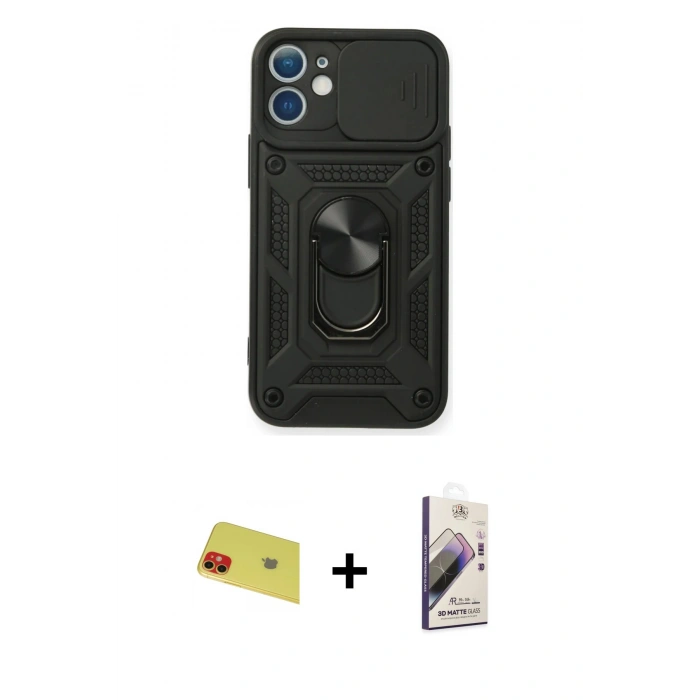 MARSİLYAN™- iPhone 11 Kılıf Ahenk Klasik - Siyah Bilvis 3D Mat Cam Ekran Koruyucu + Rainbow Kamera Lens Koruma Cam - KI