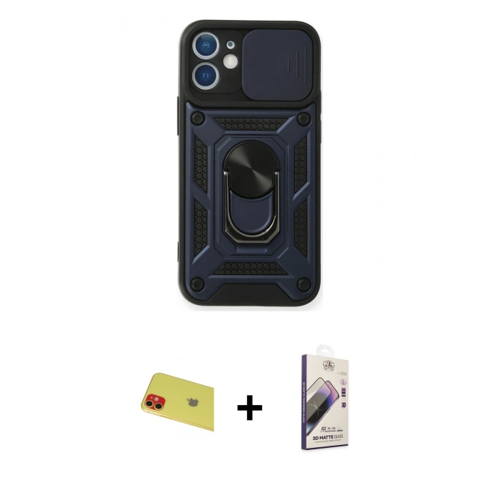 MARSİLYAN™- iPhone 11 Kılıf Ahenk Klasik - Siyah Bilvis 3D Mat Cam Ekran Koruyucu + Rainbow Kamera Lens Koruma Cam - KI