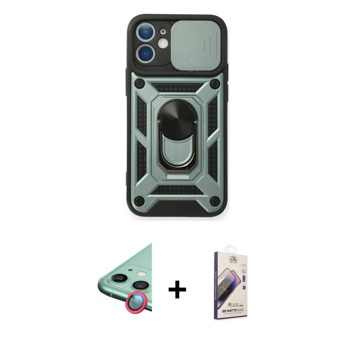 MARSİLYAN™- iPhone 11 Kılıf Ahenk Klasik - Siyah Bilvis 3D Mat Cam Ekran Koruyucu + Raze Metal Kamera Lens - KI