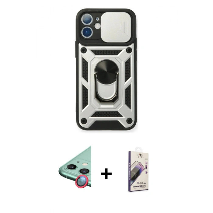MARSİLYAN™- iPhone 11 Kılıf Ahenk Klasik - Siyah Bilvis 3D Mat Cam Ekran Koruyucu + Raze Metal Kamera Lens - KI
