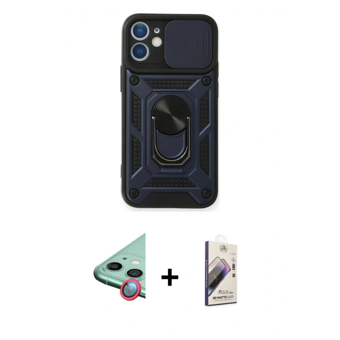 MARSİLYAN™- iPhone 11 Kılıf Ahenk Klasik - Siyah Bilvis 3D Mat Cam Ekran Koruyucu + Raze Metal Kamera Lens - KI