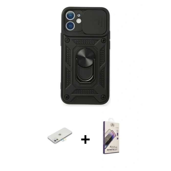 MARSİLYAN™- iPhone 11 Kılıf Ahenk Klasik - Siyah Bilvis 3D Mat Cam Ekran Koruyucu + Renkli Kamera Lens Koruma Cam - SI